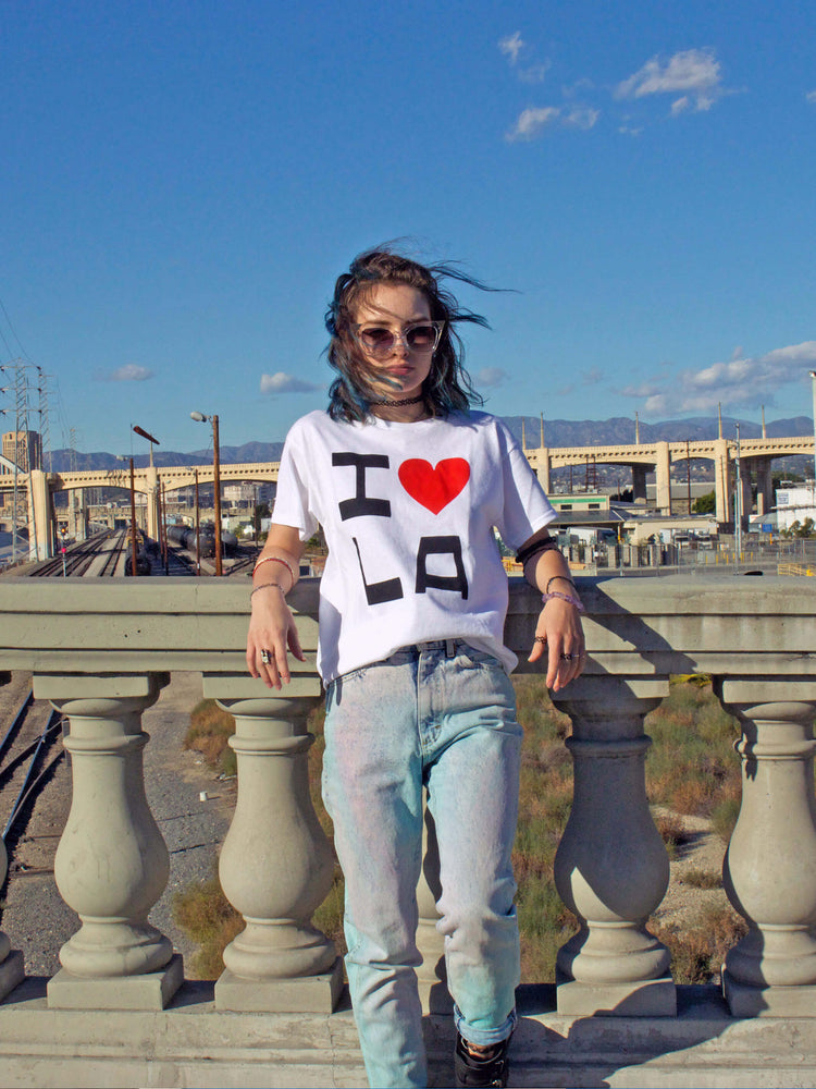 White I love LA graphic tee by Los Angeles brand Popkiller.